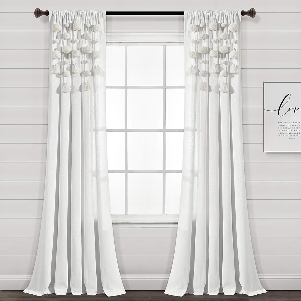 Lush Decor Boho Pom Pom Tassel Linen Textured Window Curtain Panel, Single panel